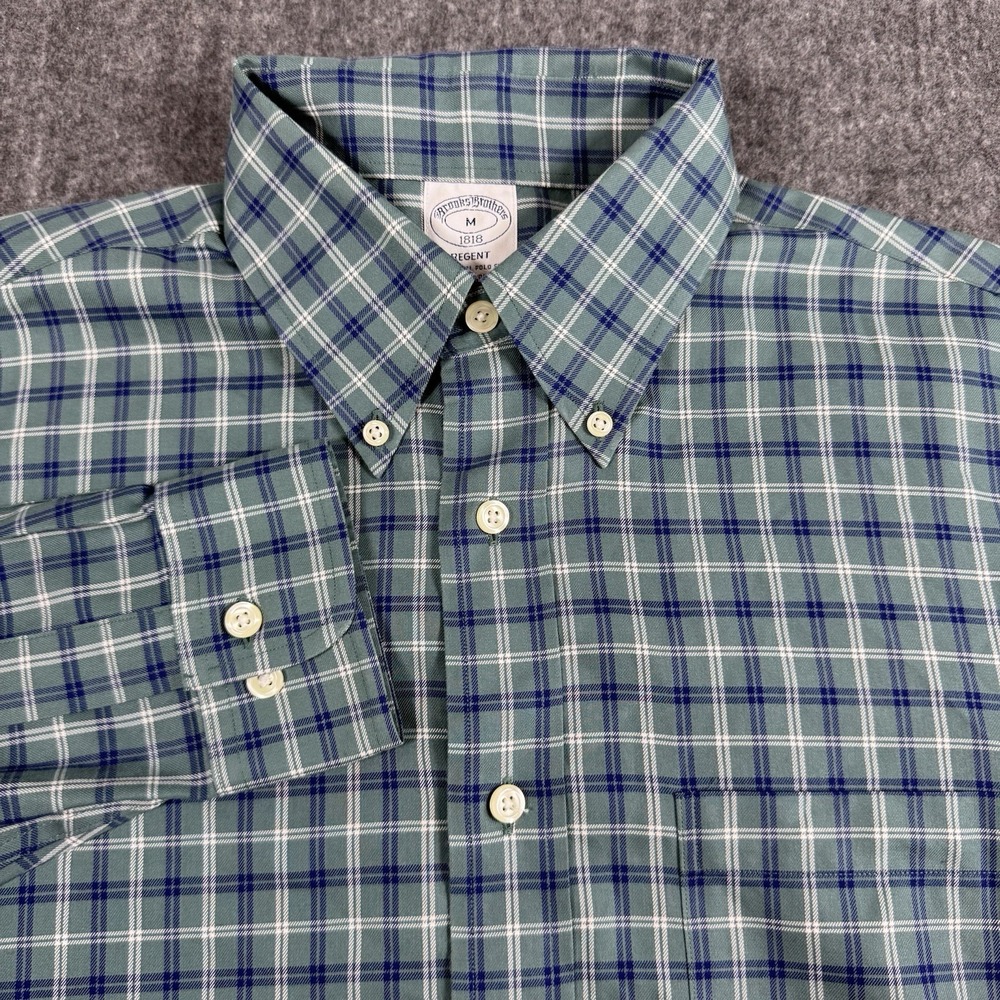 Brooks Brothers Regent Men's M Green Navy Plaid Non-Iron Cotton Button Shirt